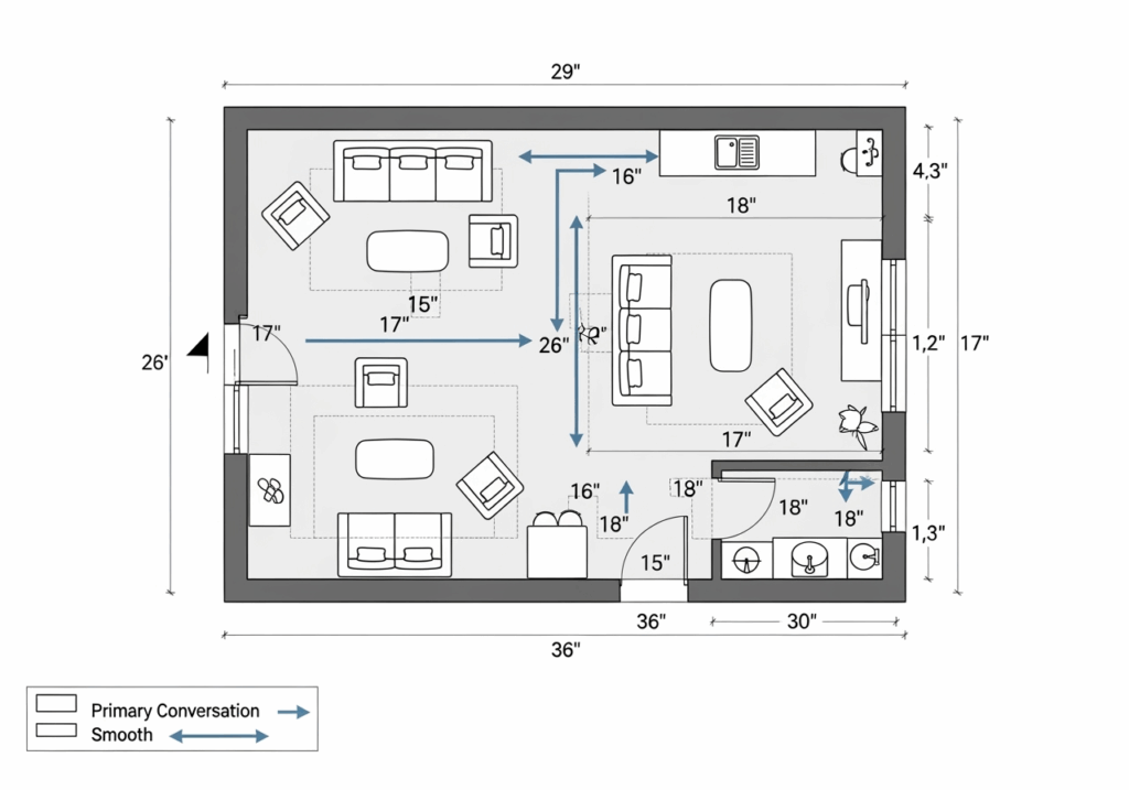 Furniture arrangement diagram showing proper room layout, conversation areas, traffic flow patterns, and optimal spacing for luxury living room design