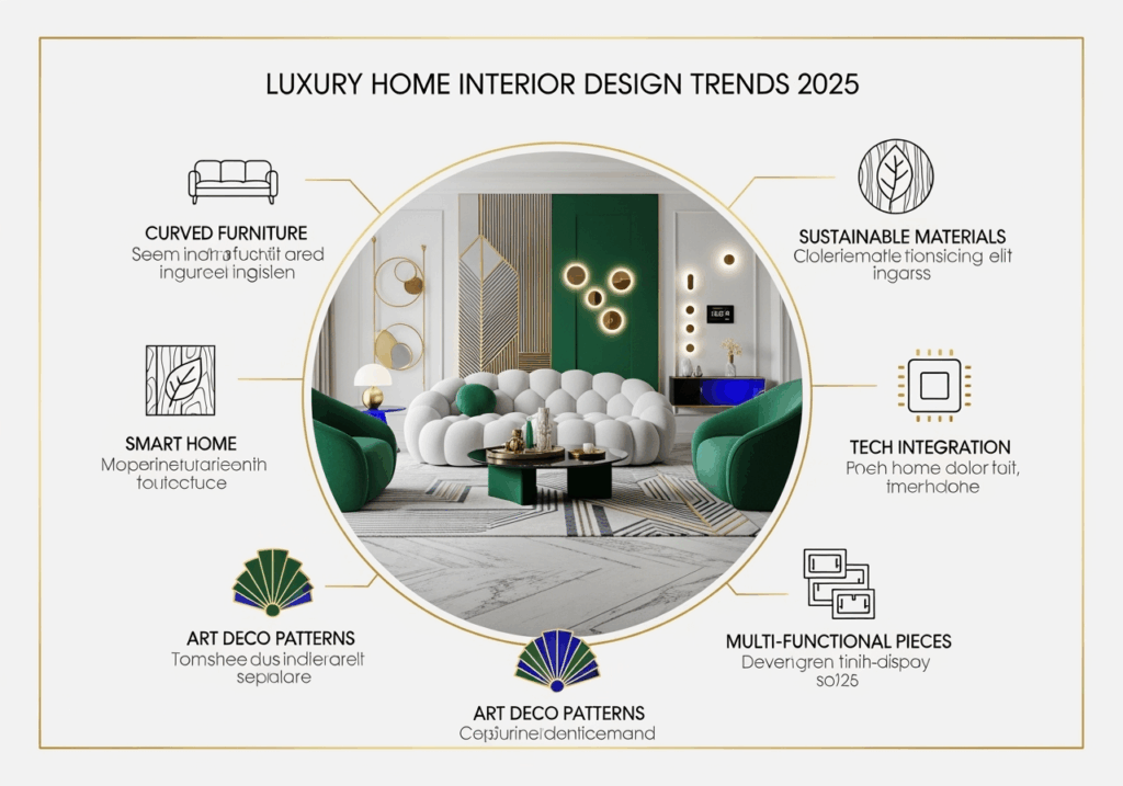 luxury home decor trends infographic showing curved furniture and art deco element