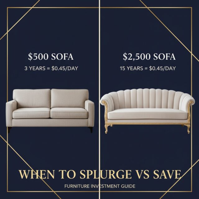 Luxury furniture investment guide comparing premium vs budget furniture costs, quality indicators, and cost-per-use analysis for smart furniture buying decisions