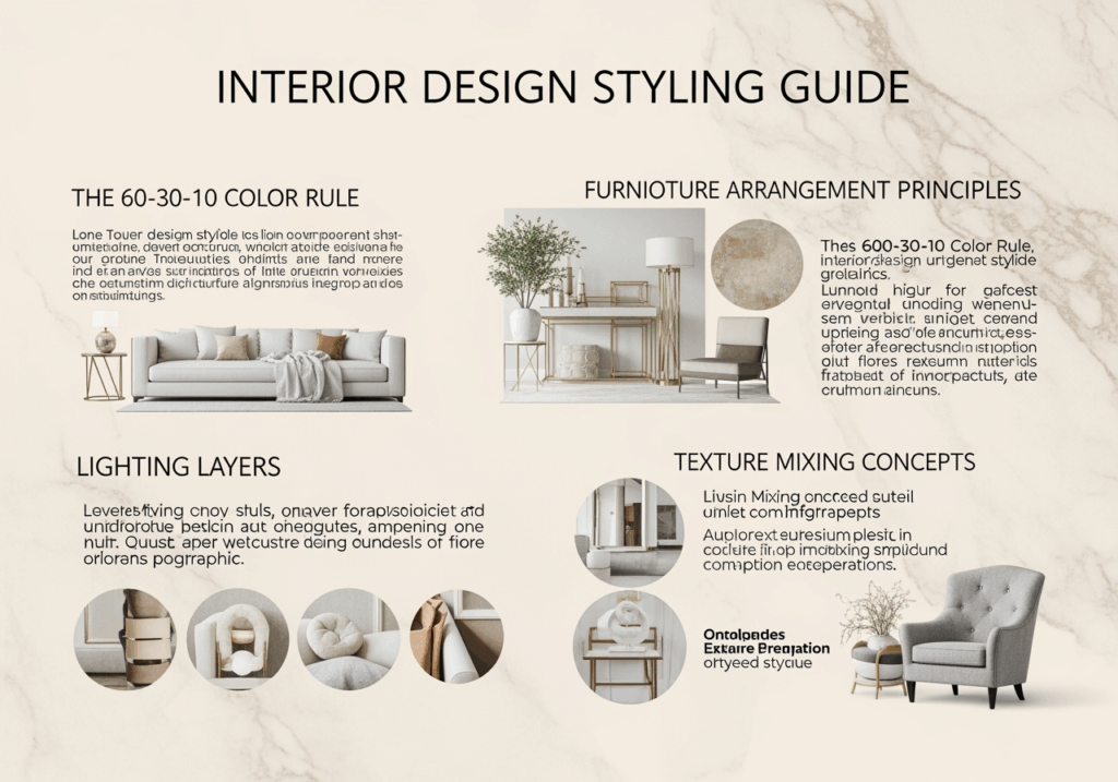Interior design styling guide infographic showing 60-30-10 color rule, furniture arrangement principles, lighting layers, and texture mixing for luxury home decorating