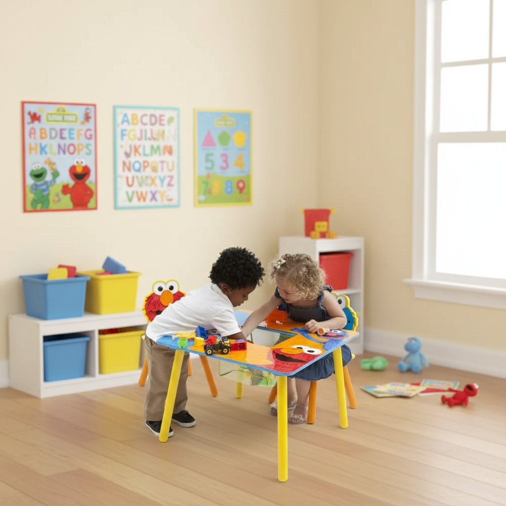 childrens play room with two children playing at a sesame street play table