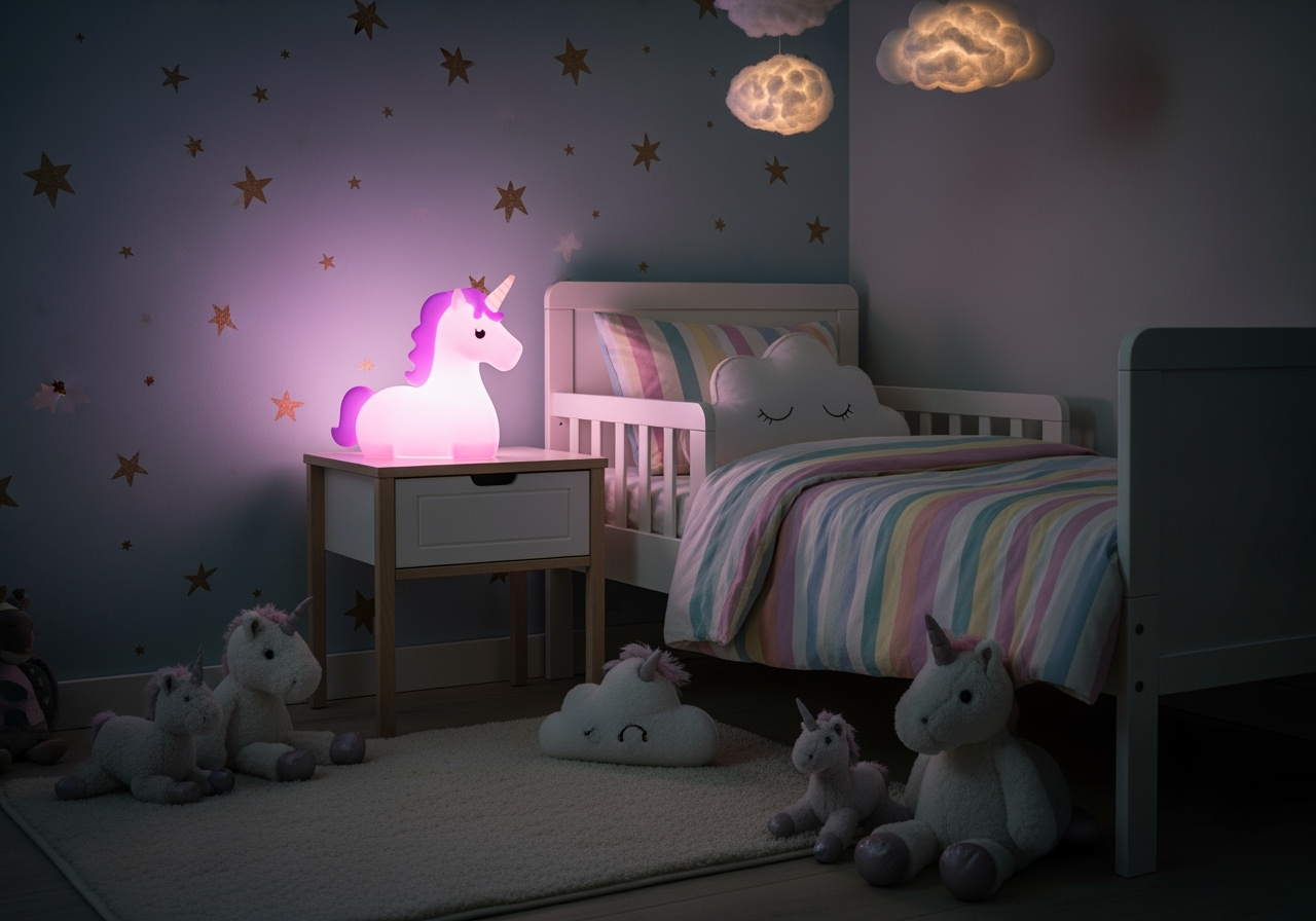 little girls room featuring a unicorn night light and rainbow bedsheets