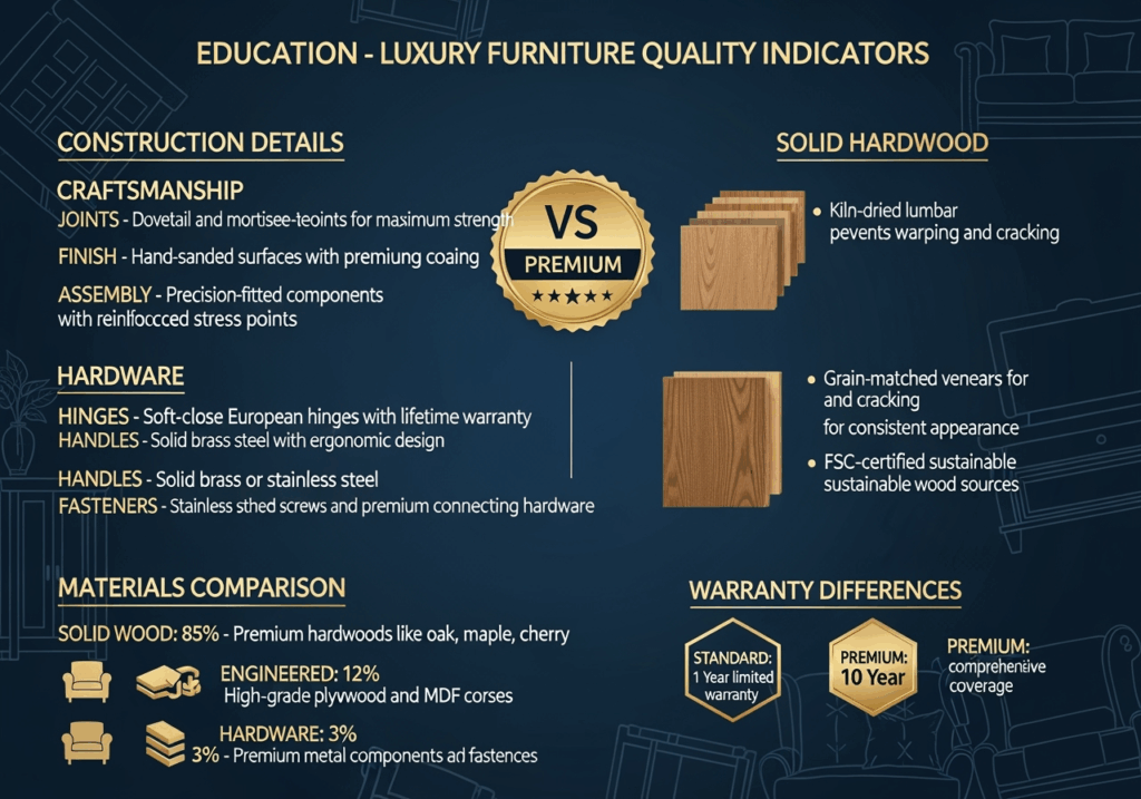 Furniture quality comparison chart showing luxury vs budget construction differences, solid wood vs particle board, top-grain leather materials, and investment furniture features